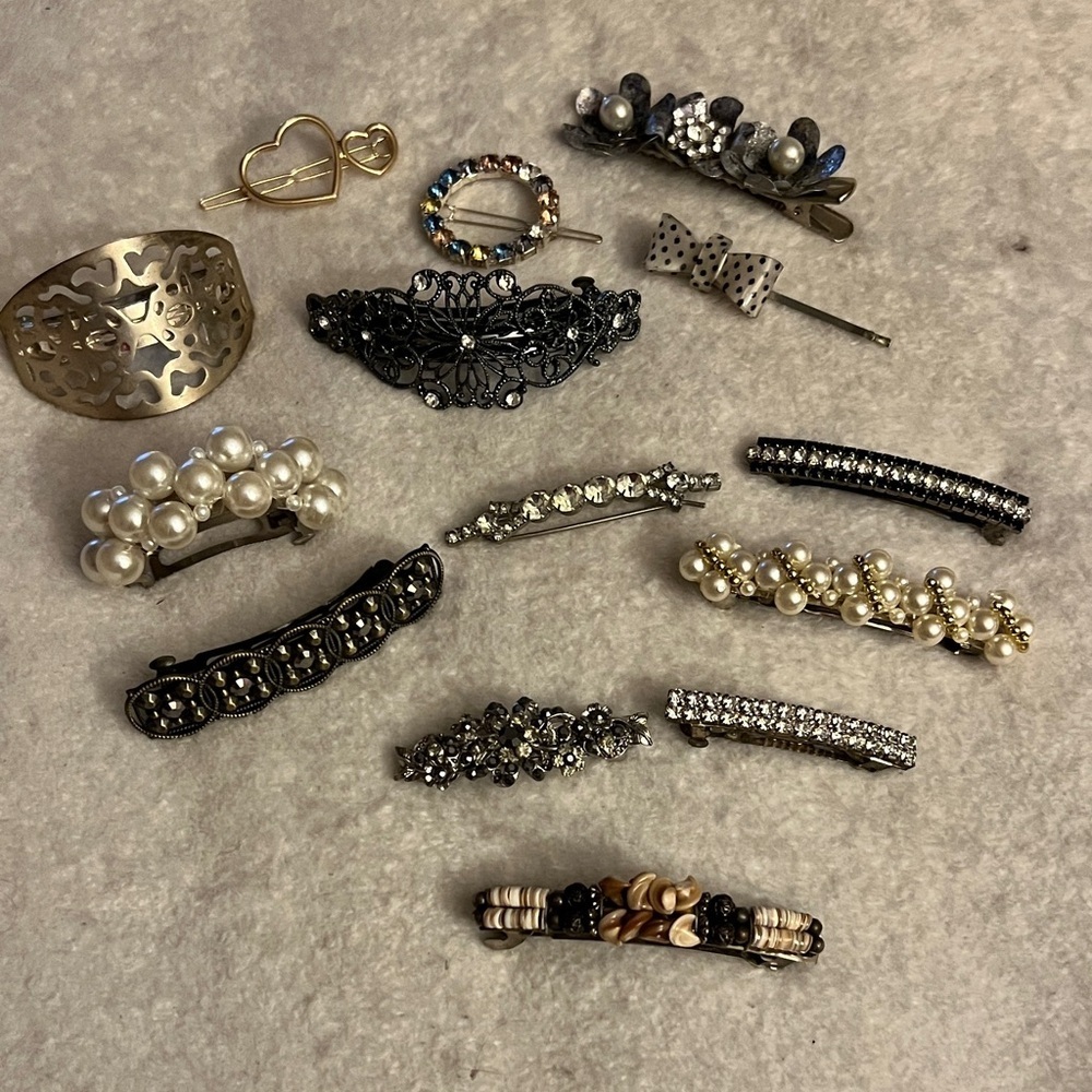 Bundle of 14 Hair Barrettes & Clips | Pearl, Rhinestone, Vintage Metal, Gold